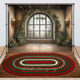 Lofaris Grand Christmas Window Combo Set Backdrop Rustic Room with Holiday Garland Festive Braided Rug Photo Floor